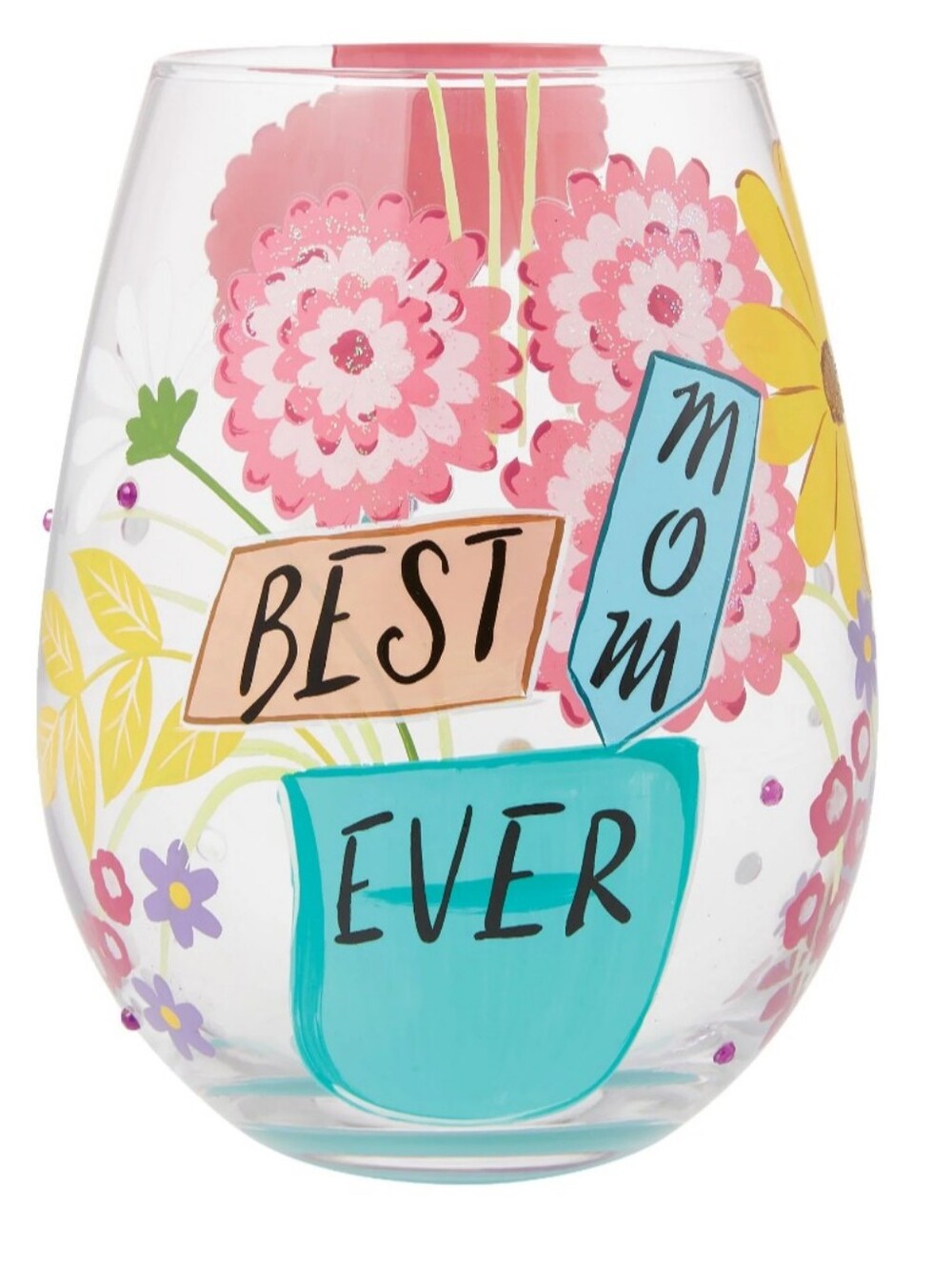 New Lolita Best Mom Ever Hand Painted Stemless Wine Glass Floral Gift 20 Oz